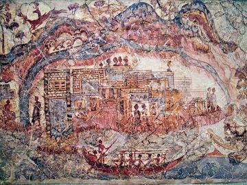 Part of the famous ship fresco, likely depicting the island of Santorini before the Minoan eruption - one can see a circular land part surrounding a bay, which would be the pre-Minoan caldera, and a central island with some sort of palace-like building. (Photo: Tobias Schorr)