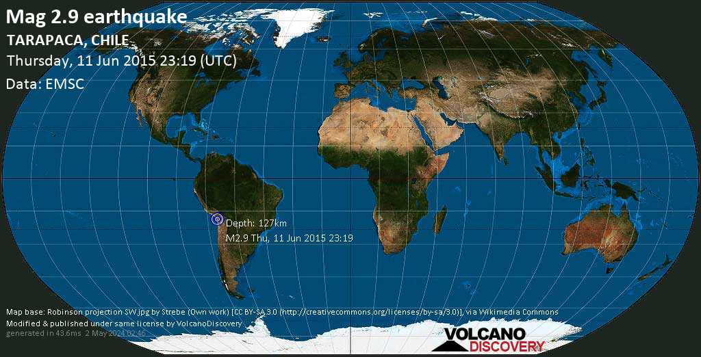 Незначительное землетрясение маг. 2.9 - Provincia de Parinacota, 87 km к востоку от Арика, Provincia de Arica, Region de Arica y Parinacota, Чили, Четверг, 11 июня 2015 23:19