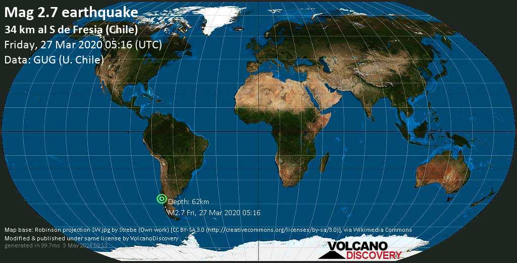 Minor mag. 2.7 earthquake - 45 km west of Puerto Montt, Provincia de Llanquihue, Los Lagos, Chile, on Friday, March 27, 2020 at 05:16 (GMT)