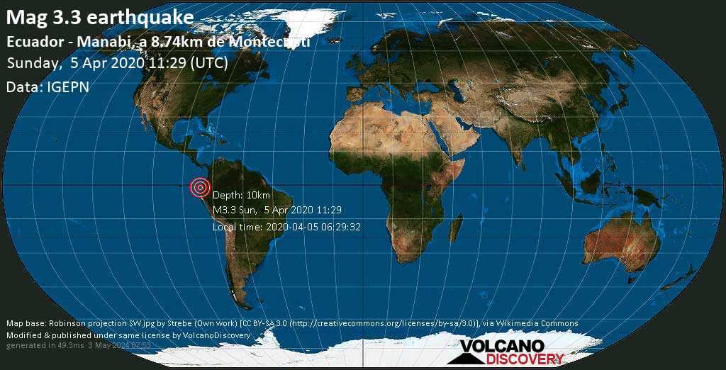 Séisme faible mag. 3.3 - 9.2 km à l\'est de Montecristi, Provincia de Manabi, Équateur, 2020-04-05 06:29:32