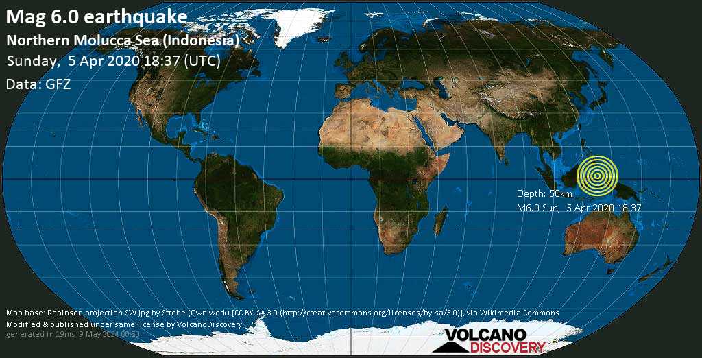 Strong mag. 6.0 earthquake - Molucca Sea, 132 km northwest of Ternate, North Maluku, Indonesia, on Sunday, April 5, 2020 at 18:37 GMT