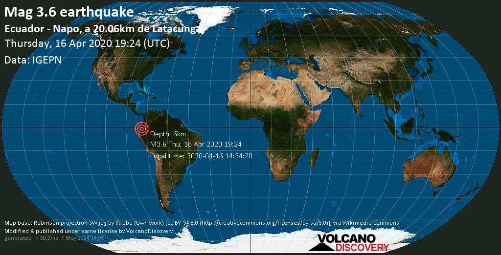 Ελαφρύς σεισμός μεγέθους 3.6 - 31 km νοτιοανατολικά από Machachi, Ισημερινός, Πέμ, 16 Απρ 2020 19:24 GMT