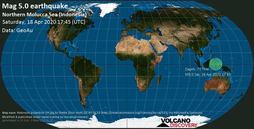 Moderate mag. 5.0 earthquake - Molucca Sea, 127 km south of Bitung, North Sulawesi, Indonesia, on Saturday, April 18, 2020 at 17:45 GMT