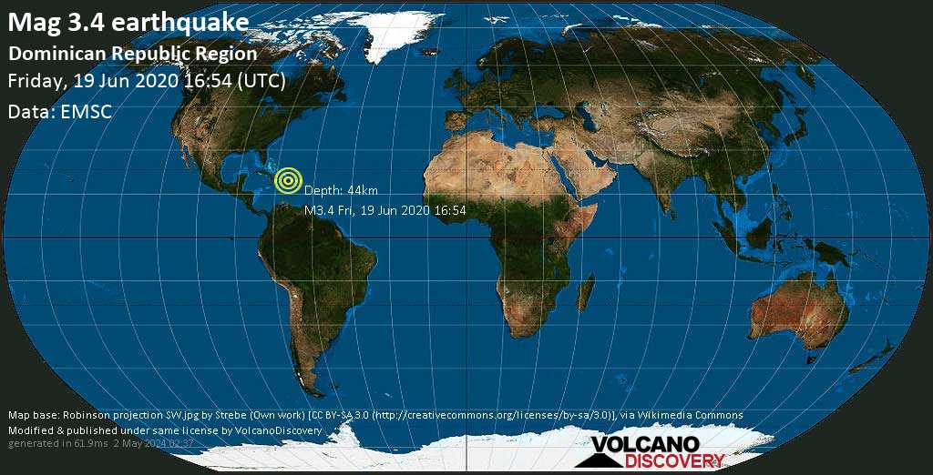 Weak mag. 3.4 earthquake - North Atlantic Ocean, 19 km north of Nagua, Dominican Republic, on Friday, June 19, 2020 at 16:54 (GMT)