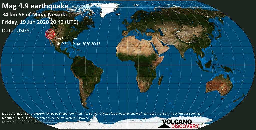 Moderate mag. 4.9 earthquake - 34 mi west of Tonopah, Nye County, Nevada, USA, on Friday, June 19, 2020 at 20:42 GMT