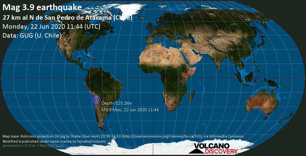 Weak mag. 3.9 earthquake - 74 km east of Calama, El Loa, Antofagasta, Chile, on Monday, June 22, 2020 at 11:44 GMT