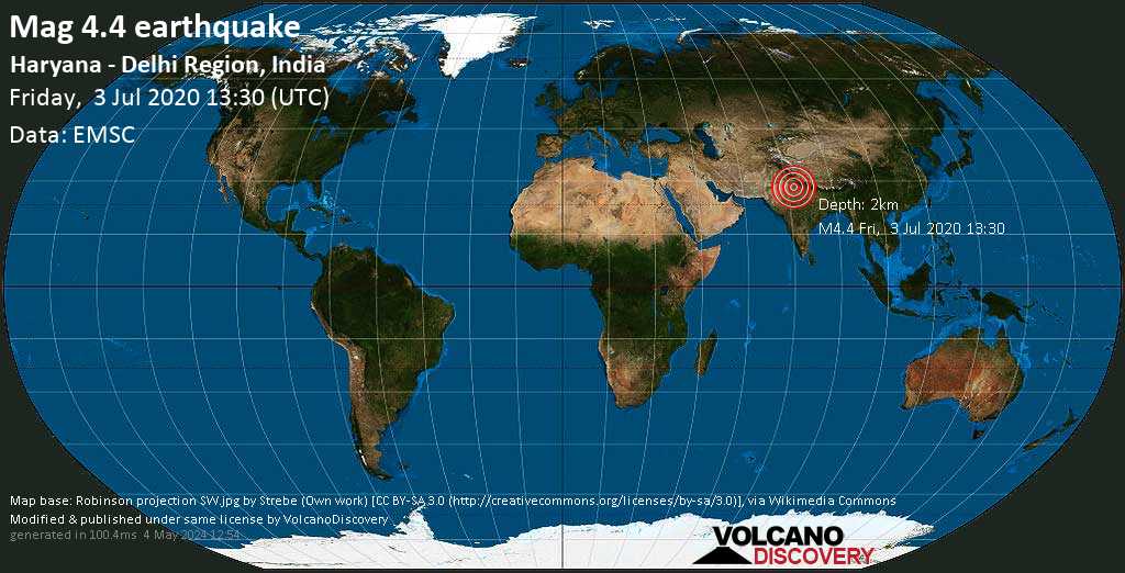 Séisme modéré mag. 4.4 - 1.5 km au nord-ouest de Rewari, Haryana, Inde, vendredi, le 03 juillet 2020 13:30