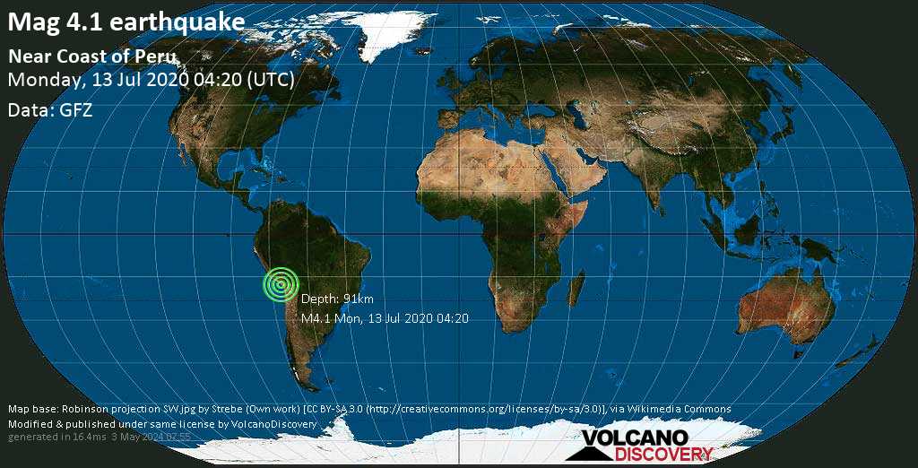 Ελαφρύς σεισμός μεγέθους 4.1 - Jorge Basadre, Tacna, 35 km νότια από Moquegua, Περού, Δευ, 13 Ιου 2020 04:20 GMT