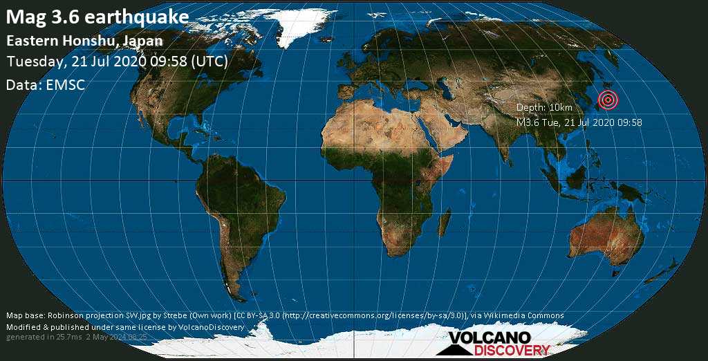Light mag. 3.6 earthquake - 24 km west of Matsumoto, Japan, on Tuesday, July 21, 2020 at 09:58 (GMT)