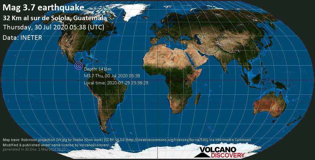 Minor mag. 3.7 earthquake - 69 km west of Guatemala City, Guatemala, on 2020-07-29 23:38:29