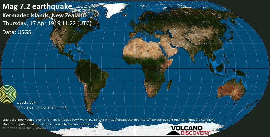 Основные землетрясения магнитудой 7.2 - South Pacific Ocean, Новая Зеландия, Четверг, 17 апреля 1919 11:22