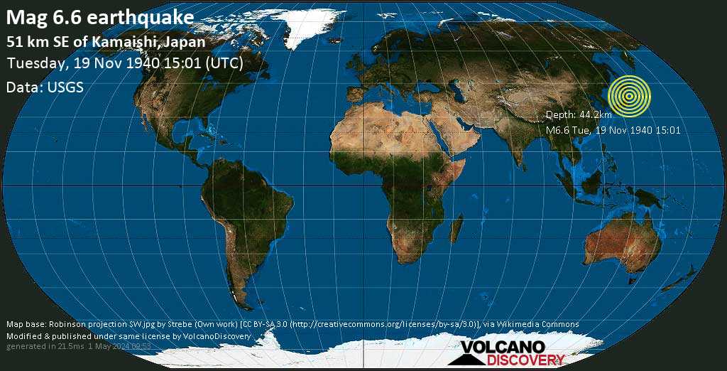 Very strong mag. 6.7 earthquake - 40 km southeast of Kamaishi, Iwate, Japan, on Tuesday, November 19, 1940 at 15:01 GMT
