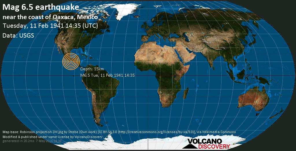 Very strong mag. 6.6 earthquake - 124 km south of Salina Cruz, Oaxaca, Mexico, on Tuesday, Feb 11, 1941 at 2:35 pm (GMT +0)