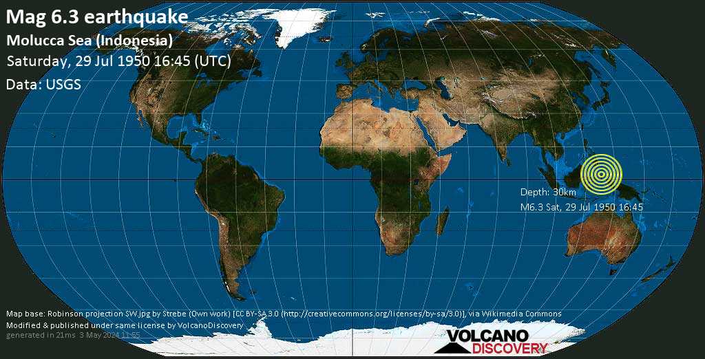 Very strong mag. 6.3 earthquake - Molucca Sea, 57 km west of Pulau Laba Island, North Maluku, Indonesia, on Saturday, July 29, 1950 at 16:45 (GMT)
