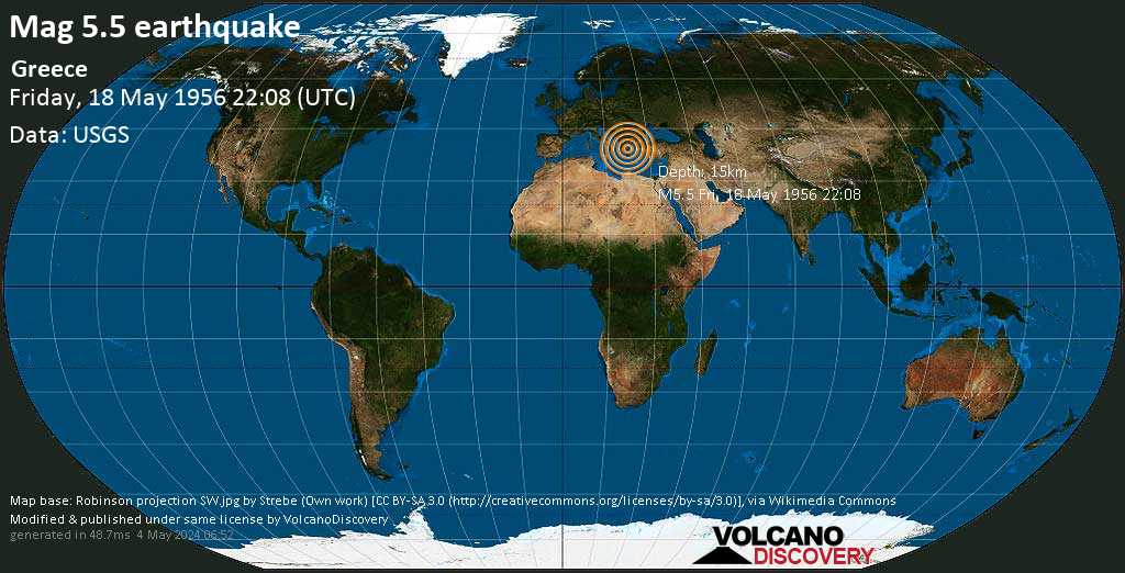Strong mag. 5.5 earthquake - Phthiotis, 15 km northeast of Stilis, Central Greece, on Friday, May 18, 1956 at 22:08 (GMT)