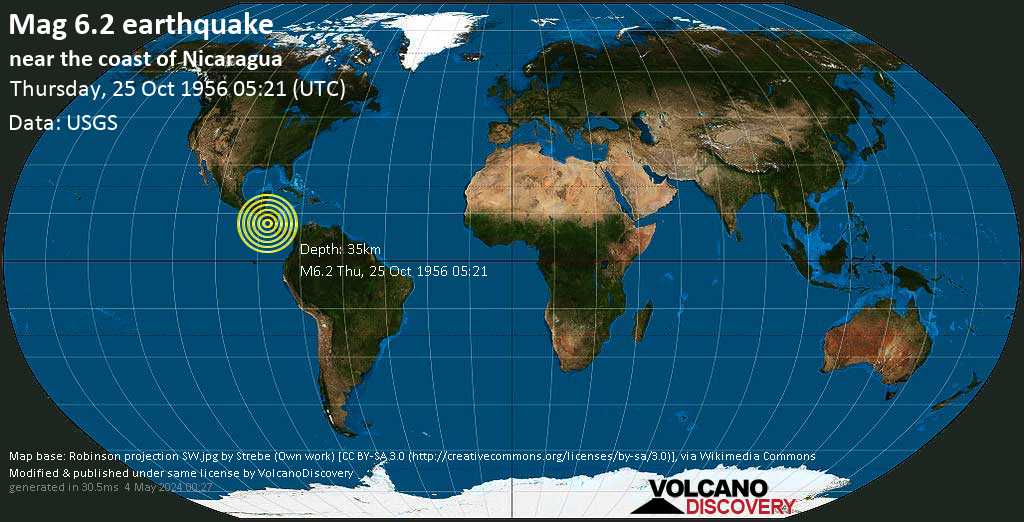 Strong mag. 6.2 earthquake - Carazo, 17 km south of San Rafael del Sur, Departamento de Managua, Nicaragua, on Thursday, Oct 25, 1956 5:21 am (GMT +0)
