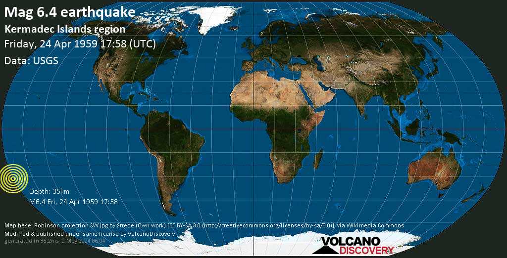 Terremoto muy fuerte magnitud 6.4 - South Pacific Ocean, 1252 km NNE of Wellington, New Zealand, viernes, 24 abr. 1959 17:58