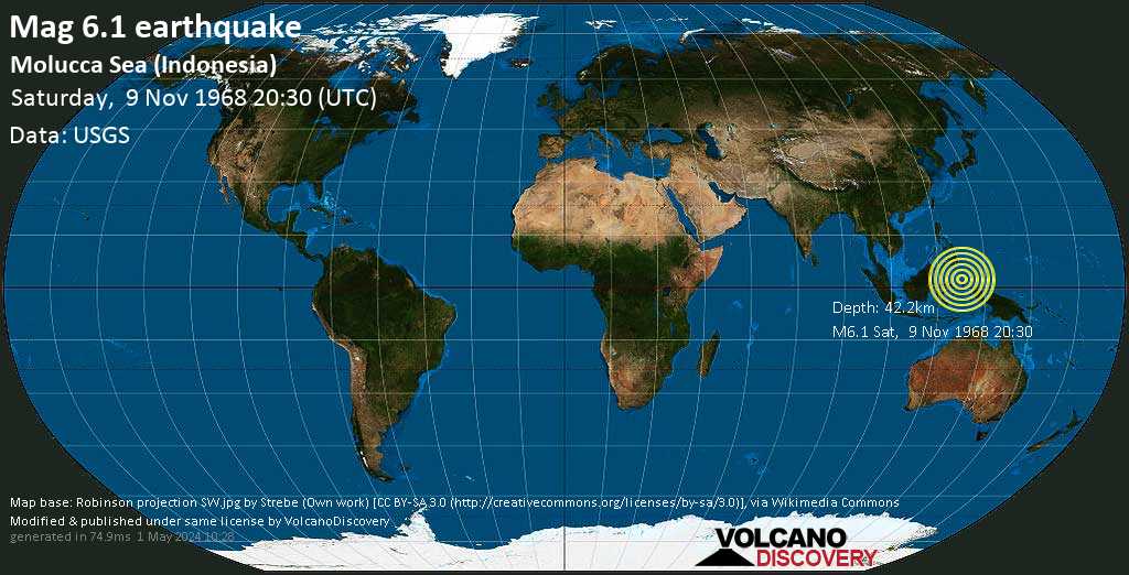Strong mag. 6.1 earthquake - Molucca Sea, 243 km northeast of Manado, North Sulawesi, Indonesia, on Saturday, Nov 9, 1968 8:30 pm (GMT +0)