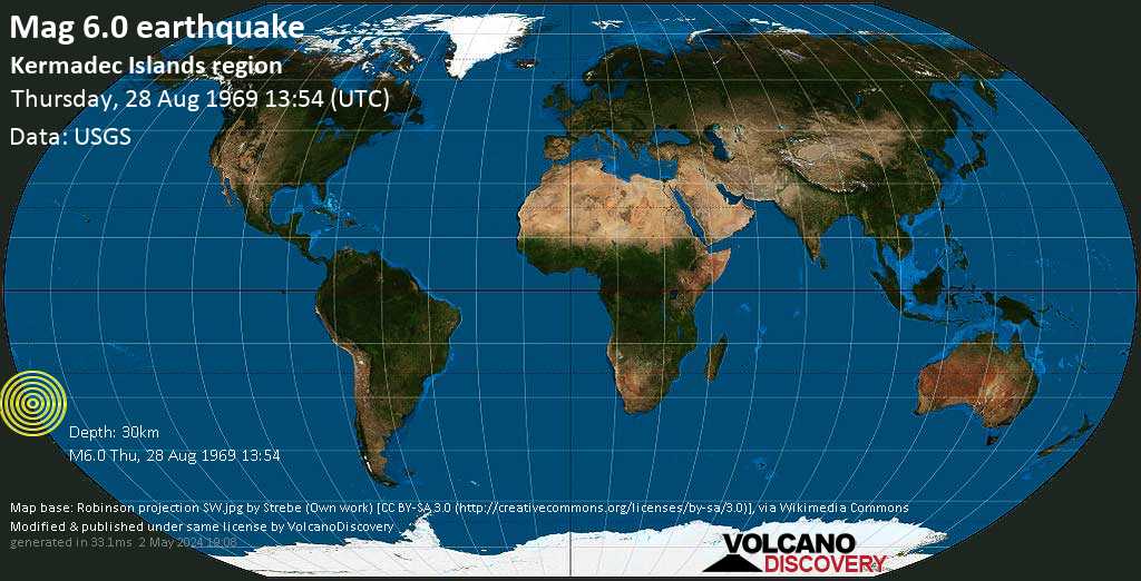 Strong mag. 6.0 earthquake - 1288 km northeast of Wellington, New Zealand, on Thursday, August 28, 1969 at 13:54 GMT