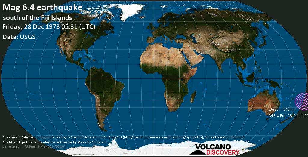 Strong mag. 6.4 earthquake - South Pacific Ocean on Friday, December 28, 1973 at 05:31 (GMT)