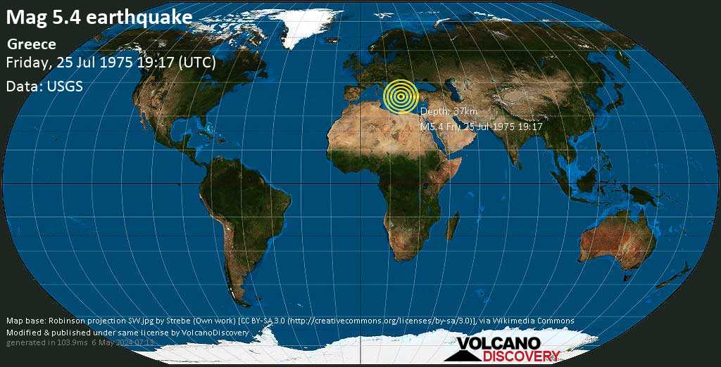 Moderate mag. 5.4 earthquake - Aitoloakarnania, 21 km northeast of Patras, Achaea, Grece-Occidentale, Greece, on Friday, July 25, 1975 at 19:17 (GMT)