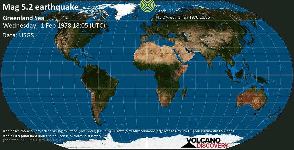 Moderate mag. 5.2 earthquake - Svalbard & Jan Mayen on Wednesday, February 1, 1978 at 18:05 (GMT)