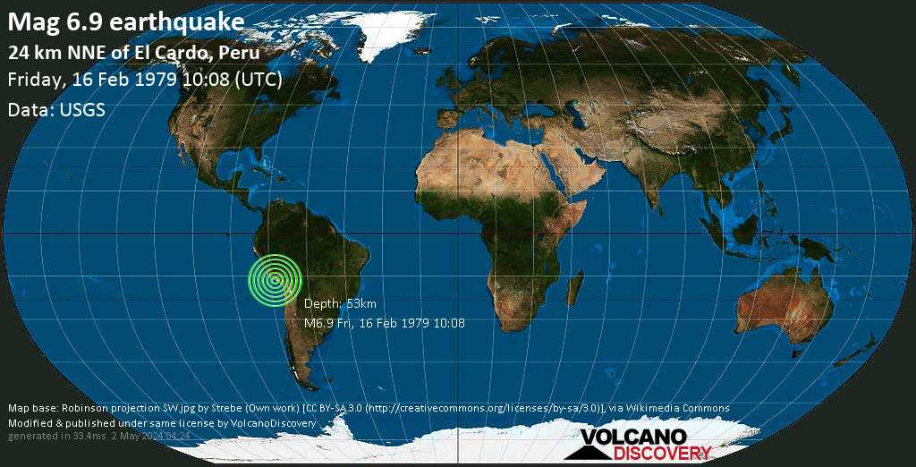 Very strong mag. 6.9 earthquake - 27 km north of Camana, Arequipa, Peru, on Friday, February 16, 1979 at 10:08 (GMT)