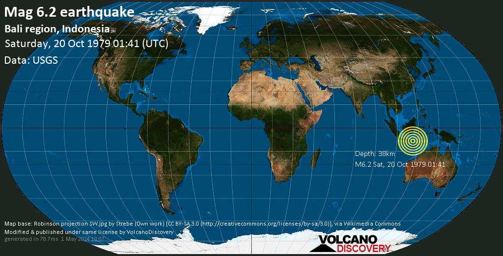 Strong mag. 6.2 earthquake - Bali Sea, 47 km northwest of Matalam, Lombok, West Nusa Tenggara, Indonesia, on Saturday, October 20, 1979 at 01:41 (GMT)
