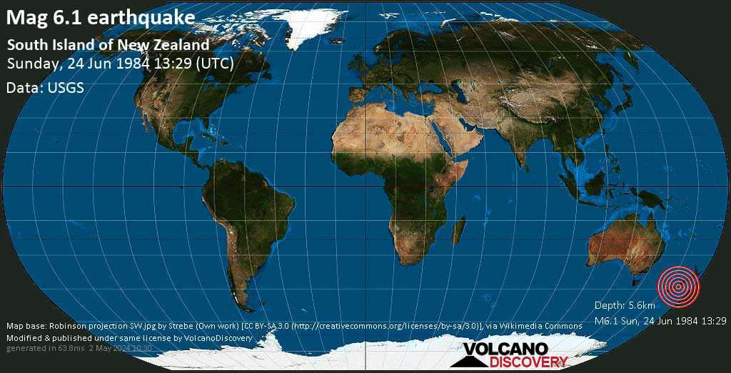 Very strong mag. 6.1 earthquake - Westland District, West Coast, 94 km northwest of Ashburton, New Zealand, on Sunday, June 24, 1984 at 13:29 GMT