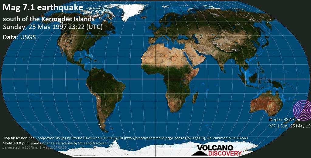 Основные землетрясения магнитудой 7.1 - South Pacific Ocean, Воскресенье, 25 мая 1997 23:22