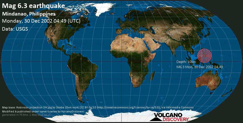 Very strong mag. 6.3 earthquake - Sagayaran Island, 40 km south of Pagadian City, Philippines, on Monday, December 30, 2002 at 04:49 GMT