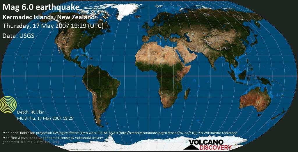 Δυνατός σεισμός μεγέθους 6.0 - South Pacific Ocean, Νέα Ζηλανδία, Πέμ, 17 Μαΐ 2007 19:29 GMT