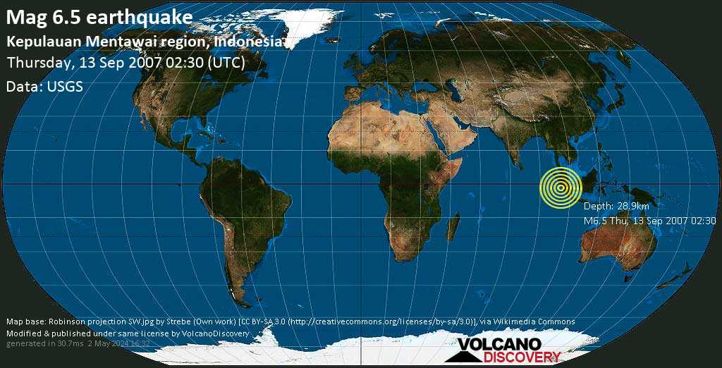 Very strong mag. 6.5 earthquake - 44 km northeast of Pulau Siaimu Island, Sumatra Barat, Indonesia, on Thursday, September 13, 2007 at 02:30 GMT