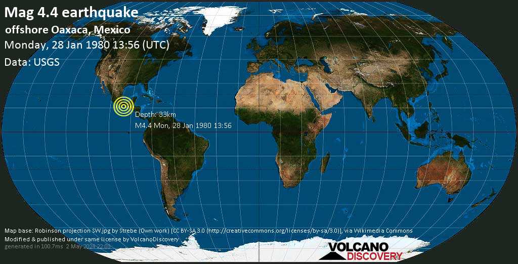 Ελαφρύς σεισμός μεγέθους 4.4 - North Pacific Ocean, 38 km νότια από Salina Cruz, Oaxaca, Μεξικό, Δευ, 28 Ιαν 1980 13:56 GMT