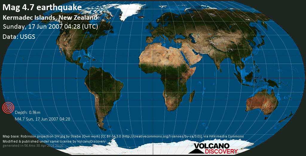 Moderate mag. 4.7 earthquake - South Pacific Ocean, New Zealand, on Sunday, June 17, 2007 at 04:28 (GMT)