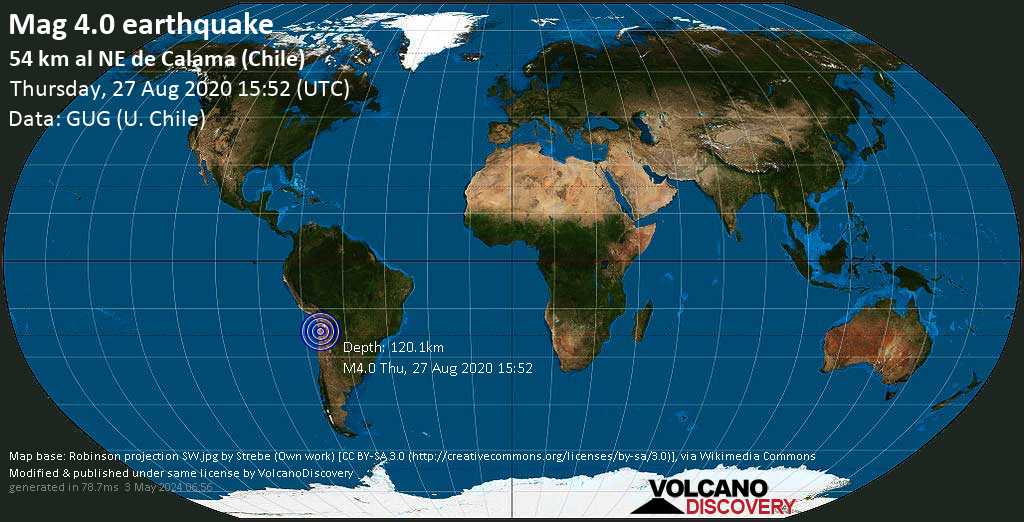 Light mag. 4.0 earthquake - 52 km northeast of Calama, El Loa, Antofagasta, Chile, on Thursday, August 27, 2020 at 15:52 GMT