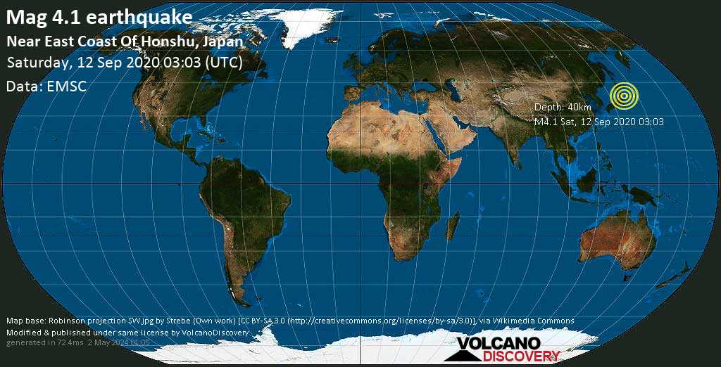 Light mag. 4.1 earthquake - 126 km northeast of Sendai, Japan, on Saturday, September 12, 2020 at 03:03 GMT