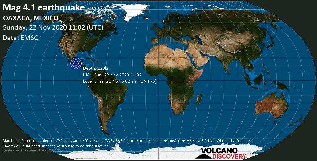 Light mag. 4.1 earthquake - 6.6 km northwest of Cuauhtémoc, Matías Romero Avendaño, Oaxaca, Mexico, on Sunday, Nov 22, 2020 at 5:02 am (GMT -6)