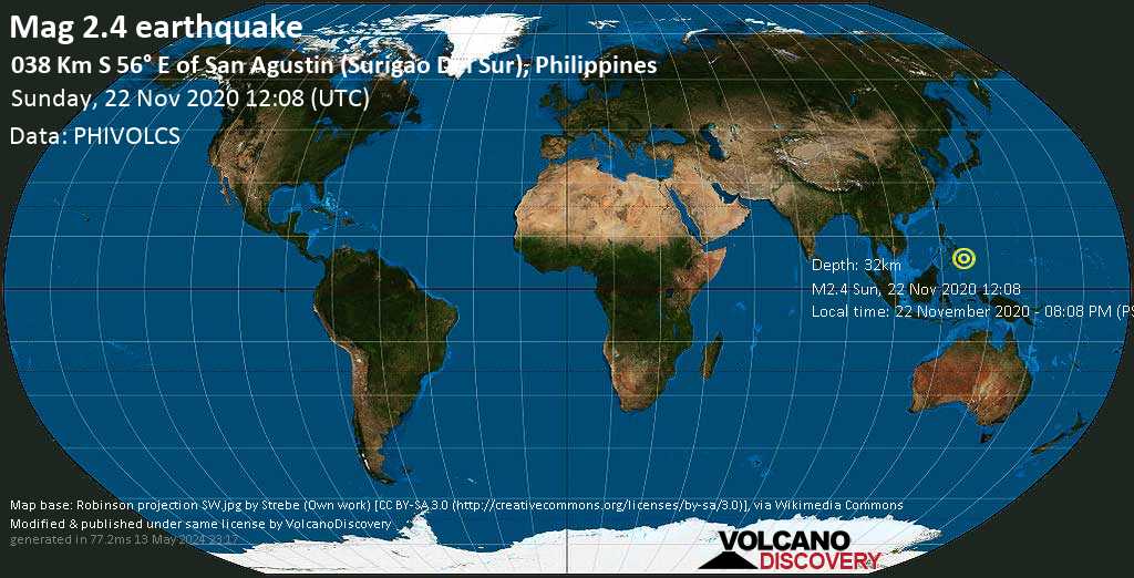 Minor mag. 2.4 earthquake - 28 km northeast of Hinatuan, Surigao del Sur, Caraga, Philippines, on Sunday, Nov 22, 2020 8:08 pm (GMT +8)