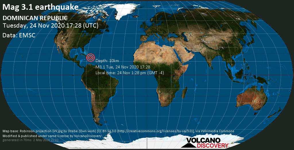 Light mag. 3.1 earthquake - Cotui, Provincia Sanchez Ramirez, 18 km south of Cotuí (Cotui, Sánchez Ramírez), Dominican Republic, on Tuesday, Nov 24, 2020 1:28 pm (GMT -4)