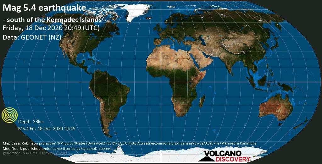 Strong mag. 5.4 earthquake - South Pacific Ocean, 742 km northeast of Tauranga, Bay of Plenty, New Zealand, on Saturday, Dec 19, 2020 9:49 am (GMT +13)
