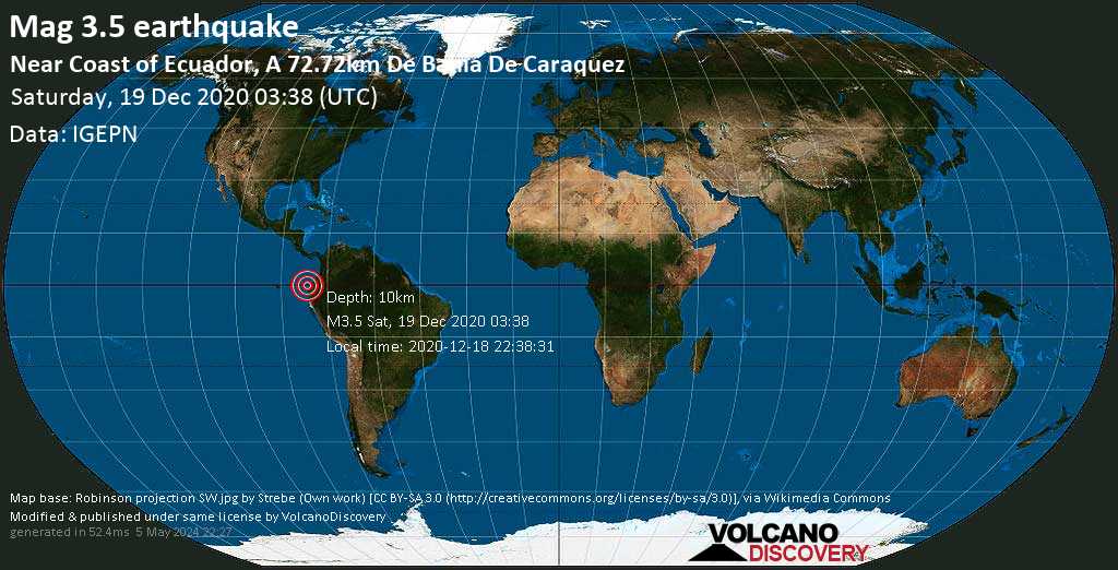 Séisme faible mag. 3.5 - South Pacific Ocean, 84 km au nord de Manta Ecuador, Équateur, vendredi, 18 déc. 2020 22:38 (GMT -5)