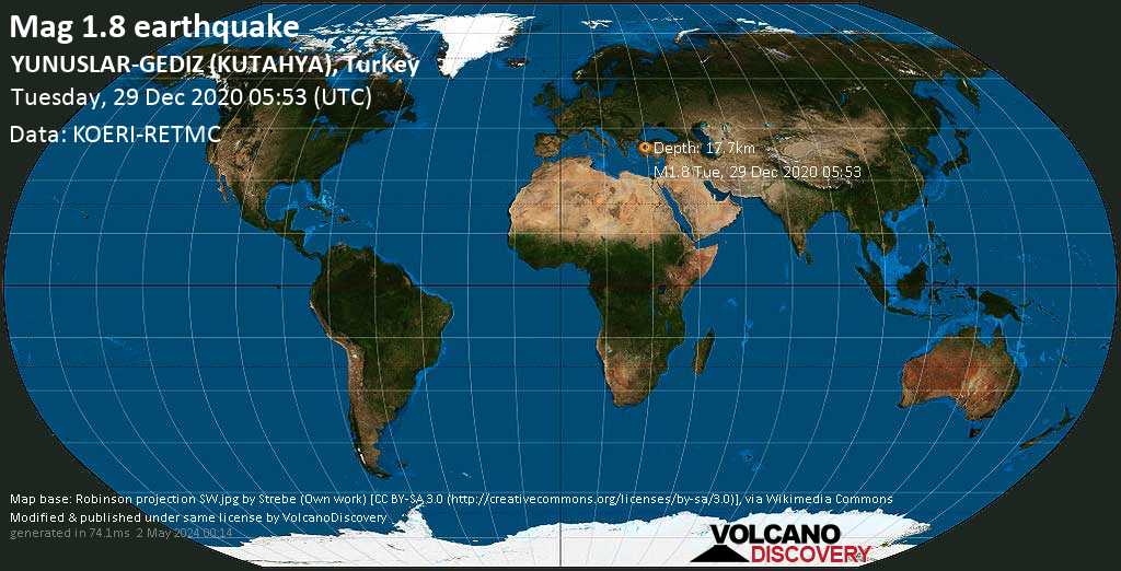 Minor mag. 1.8 earthquake - 15 km northeast of Gediz, Kütahya, Turkey, on Tuesday, December 29, 2020 at 05:53 (GMT)