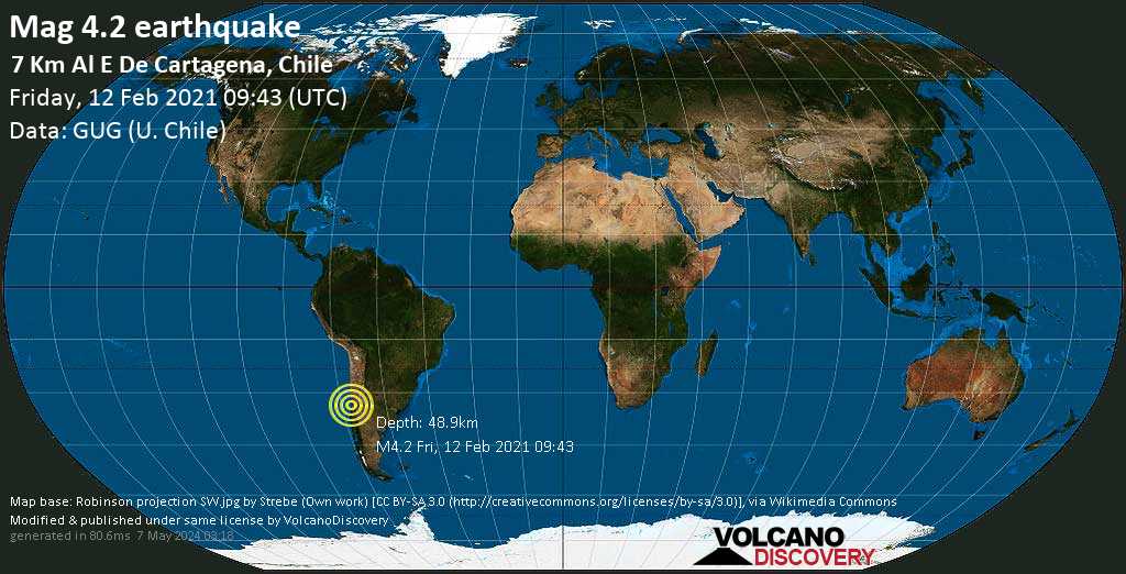 Light mag. 4.2 earthquake - 9.6 km northeast of San Antonio, Region de Valparaiso, Chile, on Friday, Feb 12, 2021 at 6:43 am (GMT -3)