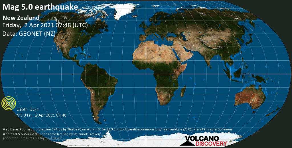 Moderate mag. 5.0 earthquake - South Pacific Ocean, New Zealand, on Friday, Apr 2, 2021 8:48 pm (GMT +13)