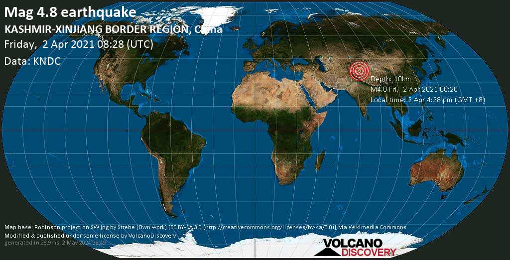 Moderate mag. 4.8 earthquake - 69 km south of Zangguy, Hotan Prefecture, Xinjiang, China, on Friday, Apr 2, 2021 4:28 pm (GMT +8)