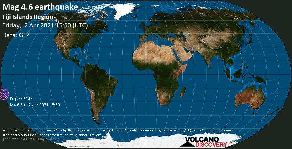 Séisme faible mag. 4.6 - South Pacific Ocean, Fidji, samedi,  3 avril 2021 04:50 (GMT +13)