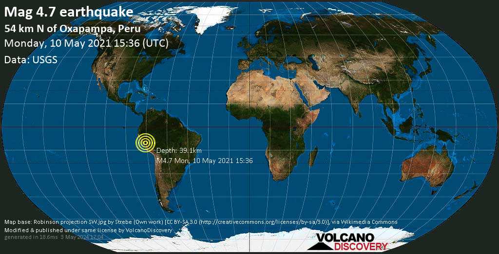 Moderates Erdbeben der Stärke 4.7 - Provincia de Oxapampa, Pasco, 86 km östlich von Huánuco, Huanuco, Peru, am Montag, 10. Mai 2021 um 15:36 GMT