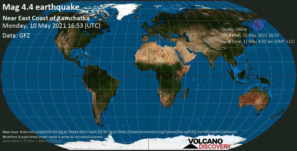 Ελαφρύς σεισμός μεγέθους 4.4 - 31 km βορειοανατολικά από Mil\'kovo, Milkovsky District, Kamchatka, Ρωσία, Δευ, 10 Μαΐ 2021 16:53 GMT