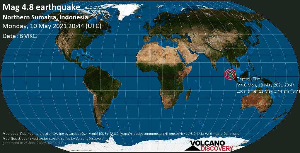 Séisme modéré mag. 4.8 - Océan Indien, 26 km à l\'ouest de Sinabang, Indonésie, 11 May 3:44 am (GMT +7)